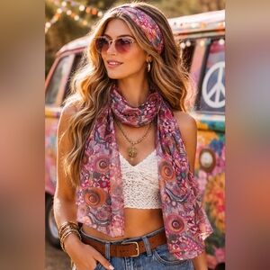 Retro Psychedelic Medallion Print Scarf Pink Orange Teal Brown Boho Festival